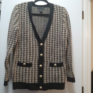 Tahari Open Button Office Wear Houndstooth Cardigan with Gold Buttons